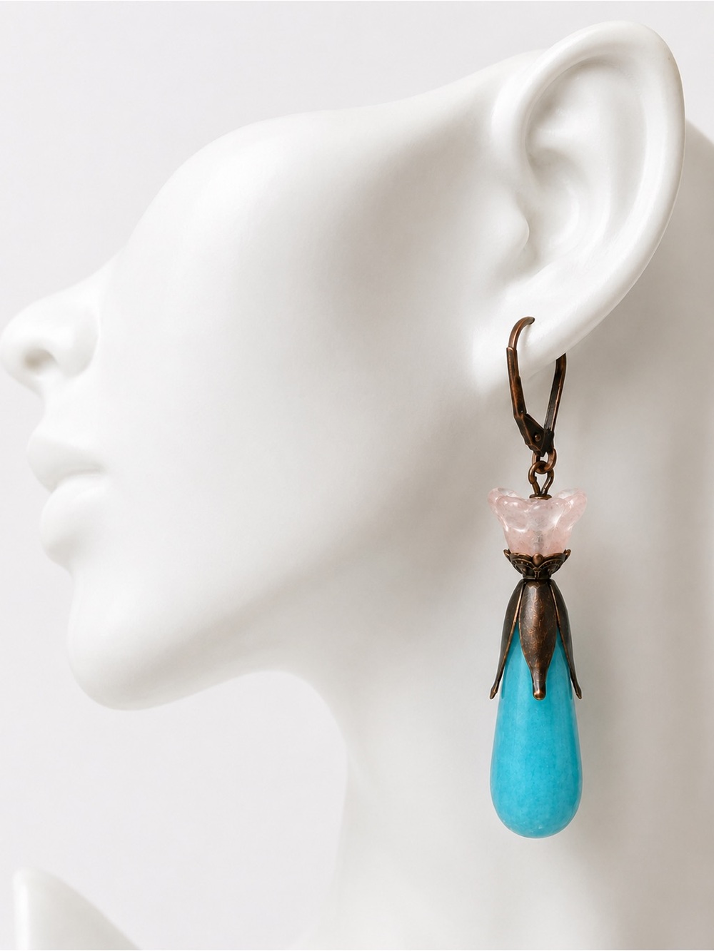 Artisan Turquoise Floral Statement Earrings, Antique Copper Pink Flower Dangles - Picture 3 of 7